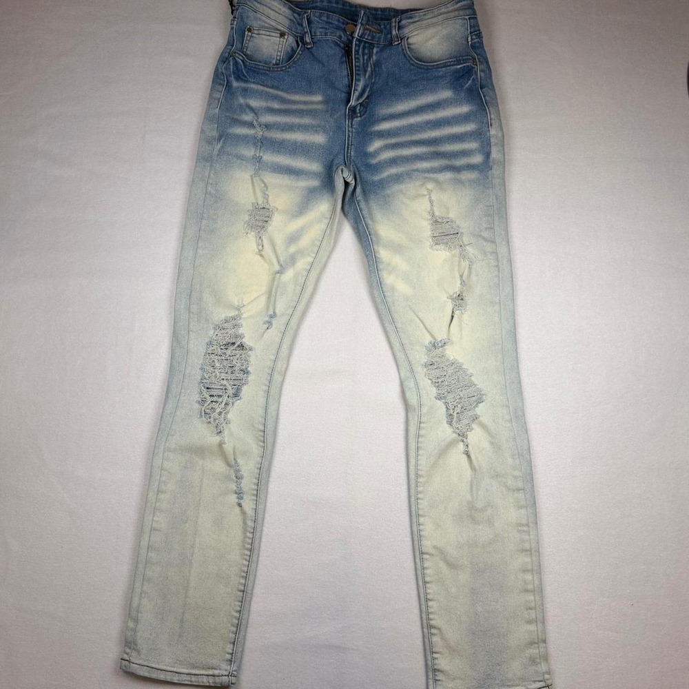 Mens Slim Fit Distressed Light Wash Ripped Denim Jeans Size 30